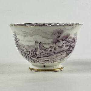 Sutherland China Tea Bowl Historical Britain Warwickshire Purple Gold Rim 1950s